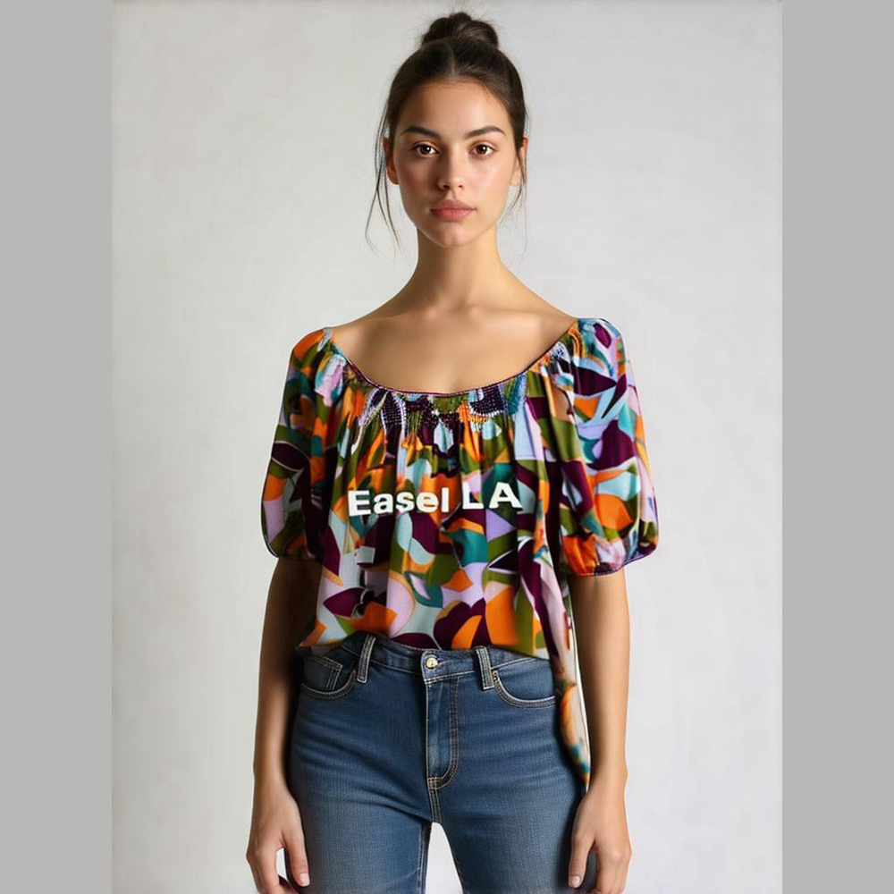 Easel Los Angeles Women's Boho Floral Top Size M Short Puff Sleeve Blouse
